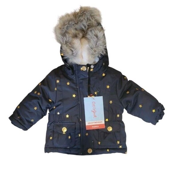 Cat & Jack Girls Black Gold Stars Hooded Snow Winter Parka Lined Jacket 12m New - Picture 5 of 9